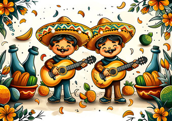 Two men in sombreros playing guitars. The scene is set in a Mexican market with fruit and bottles