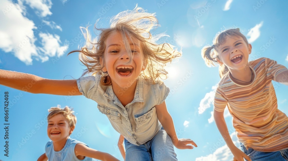 Poster Group of kids having fun in the open space, playing catch with a frisbee