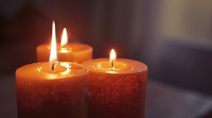 Three lit candles on a table with a warm glow