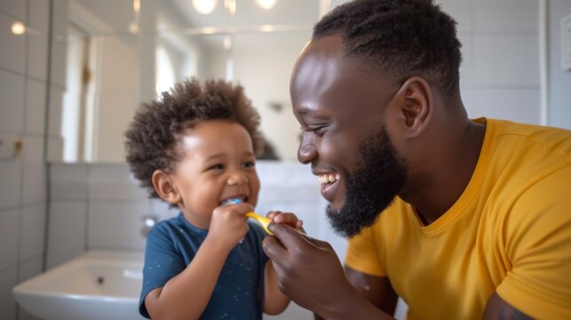A father teaches his young son how to brush his teeth in a brightly lit bathroom