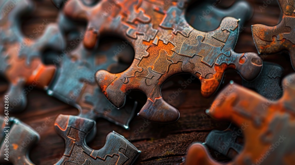 Poster a pile of puzzle pieces sitting on a wooden table, perfect for use in illustrations or designs relat
