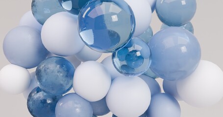 3D illustrations of blue-white, transparent balls fill the space, conveying the concepts of hydration, saturation, softness, and comfort, as well as skin restoration and nourishment.