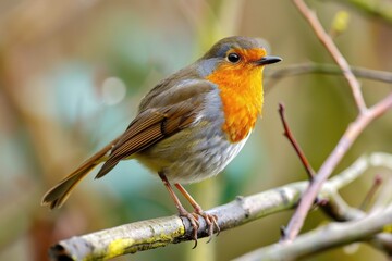Obraz premium A small bird sitting on the branch of a tree, possibly singing or looking around