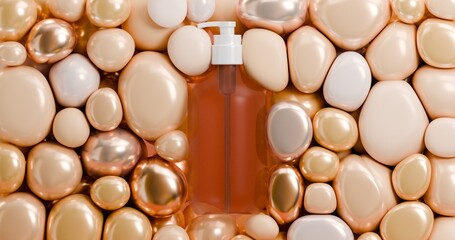 3D illustration of golden and beige balls filling the space around the tube of shampoo, conditioner, gel, and lotion. This concept aims to improve the structure of hair and skin by restoring, nourishi