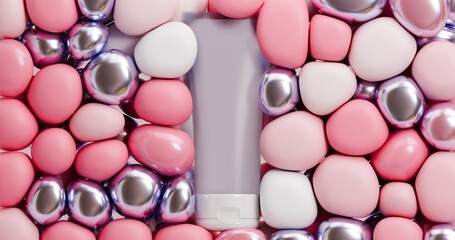 A 3D illustration of pink and lavender balls fill the space outside the tube with cream, wash gel, and lotion. The collagen synthesis, skin repair increases the density and elasticity of the skin, and