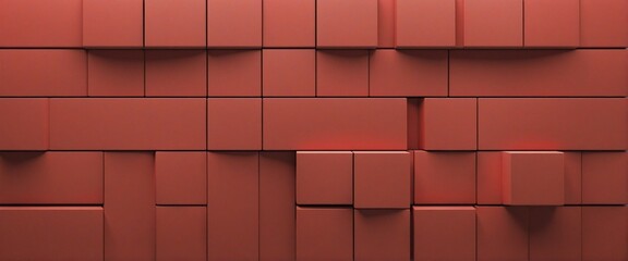Three-dimensional geometric wooden mosaic tiles on the rustic wall for textured background or wallpaper - Red timber squares create a unique architectural design illustration
