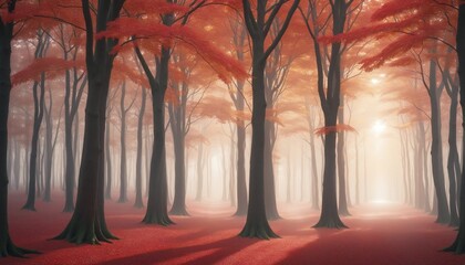 Glistening broadleaf trees illuminated by the light in a magical woodland setting