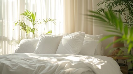 A bright and cozy bedroom with clean white pillows and bedding