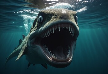 Obraz premium The Dark Depths of the Deep Blue Sea: A Haunting Mythical Creature with Sharp Fangs and Demonic Presence