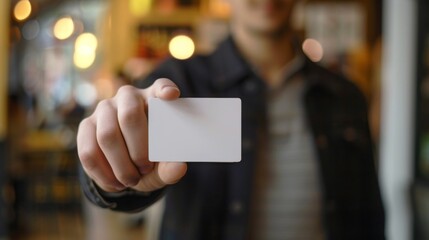 Man holding a blank white card in a café, business and contact concept