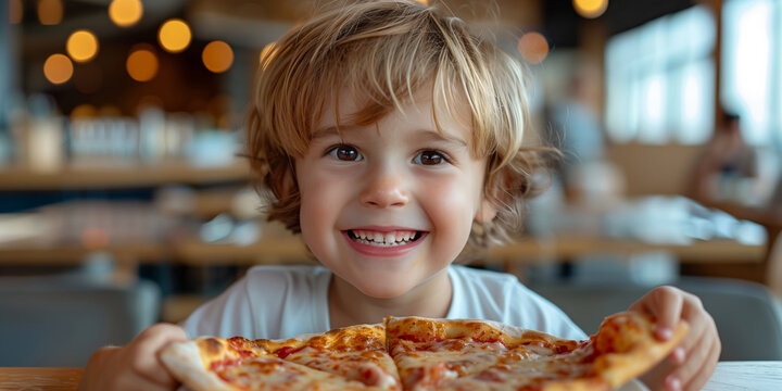 A little boy eating pizza in a pizzeria