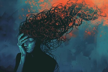 An illustration evoking mental health challenges and addiction, using abstract design to depict tangled thoughts, conflicting emotions, anxiety, depression or domestic violence concept.