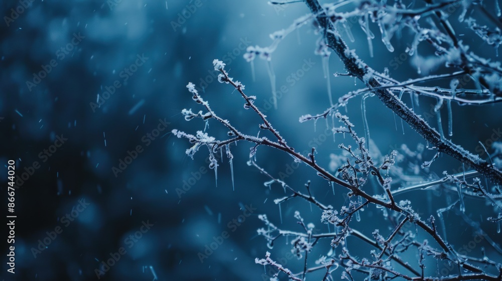 Aufkleber a tree branch covered in ice and raindrops. generate ai image