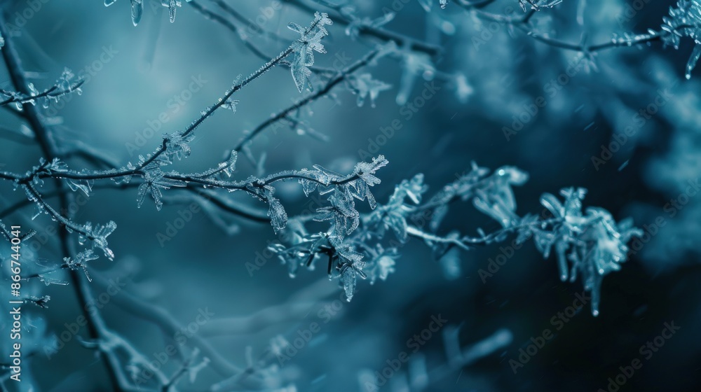Poster a tree branch covered in ice and raindrops. generate ai image