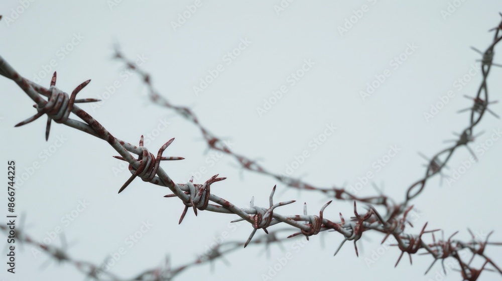 Poster a close-up shot of tangled barbed wire, often used as a boundary marker or security measure