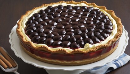 Indulge in a fresh baked slice of scrumptious homemade pie with a rich chocolate and cream filling, set against a dark backdrop