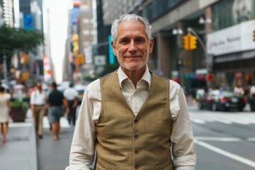 Obraz premium Portrait of a satisfied caucasian man in his 60s dressed in a polished vest while standing against busy urban street