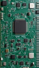 Illustration of a Printed Circuit Board with Integrated Chips in Abstract Engineering Design