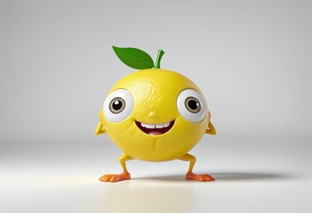 Adorable and vibrant 3D cartoon character of a cute lemon with a cheerful smile on a white background - perfect for children's illustrations and healthy food promotions