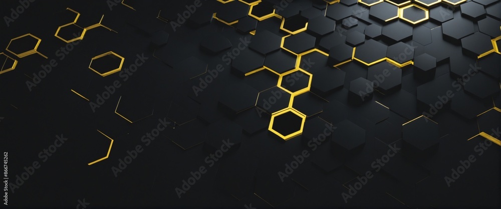 Poster golden three-dimensional hexagonal technology design concept banner with abstract futuristic black g
