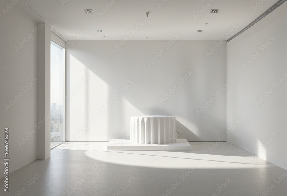 Poster interior architecture concept design with empty three-dimensional room and sunlight highlighting whi