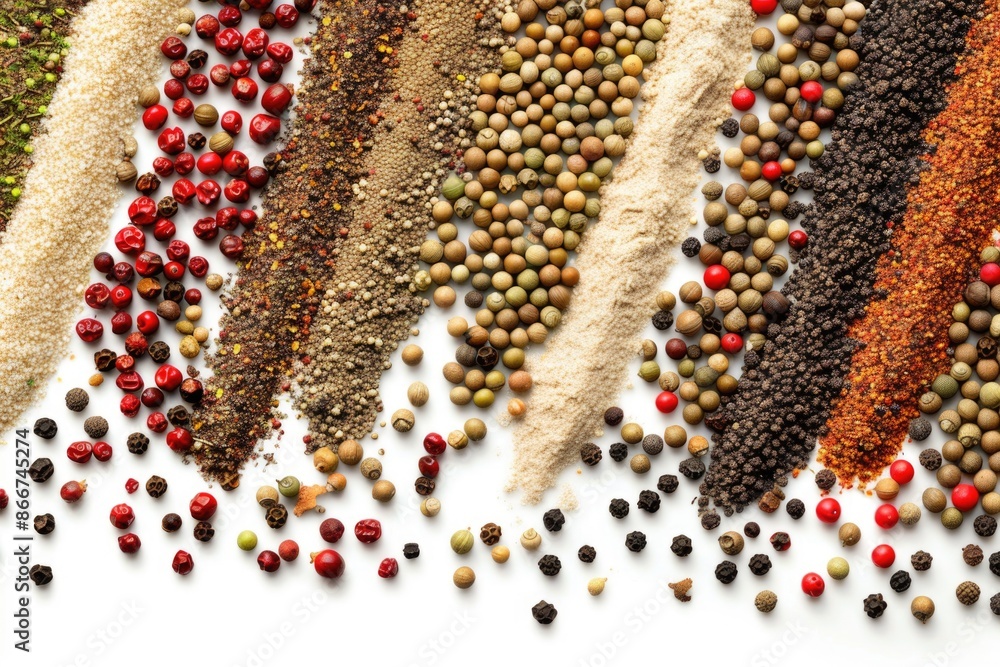 Poster a collection of various spices displayed on a clean white surface, ideal for use in kitchen or food-