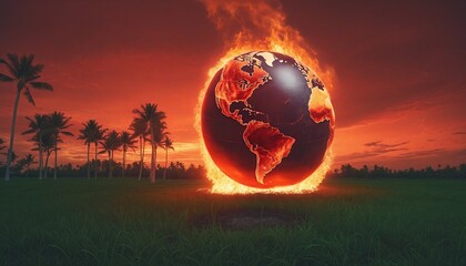 The stark contrast between a green and thriving environment and a burning globe symbolizes the dichotomy of the climate crisis