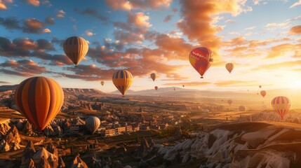 Obraz premium Aerial view of hot air balloons soaring above a picturesque valley