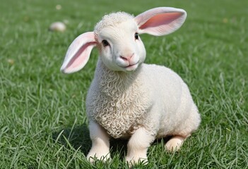 Obraz premium Newborn lamb with fluffy white wool enjoys a sunny day in the springtime field in this adorable portrait illustration