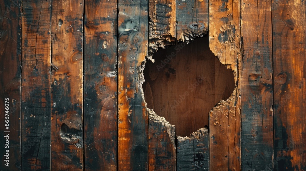 Poster A wooden wall with a hole, perfect for capturing a glimpse through or creating an interesting composition