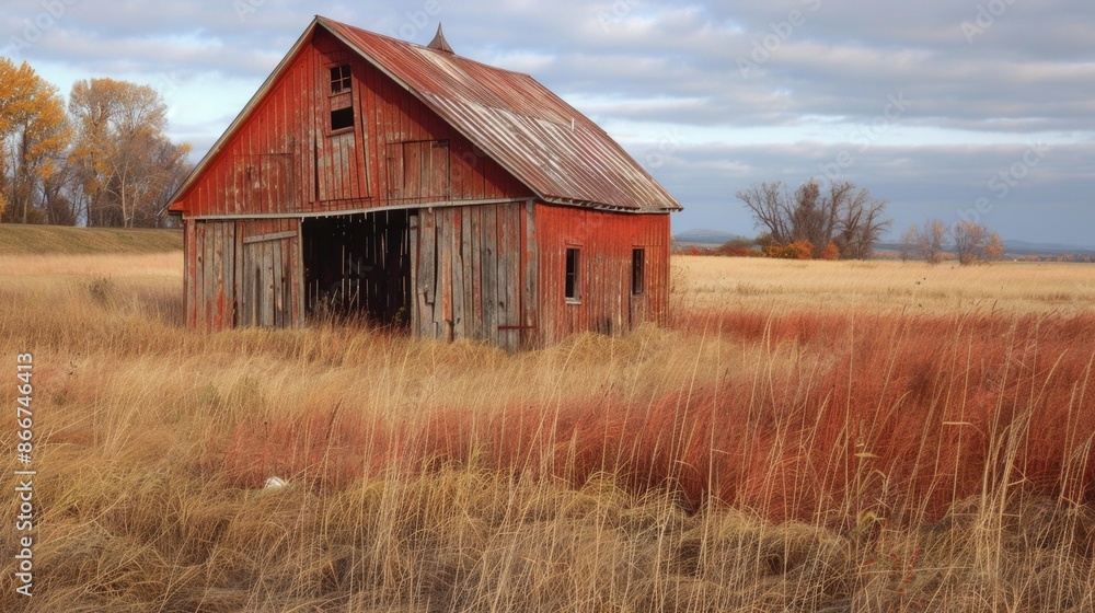 Poster a rustic red barn surrounded by a field of tall grass, with a serene countryside atmosphere