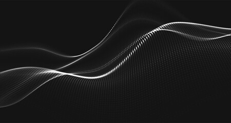 Futuristic dot wave. Abstract digital particle wave. Technology background. Colored musical wave. Dark background. Digital background with smooth, wavy curves. 3D rendering