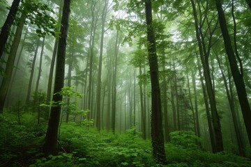 Fototapeta premium A dense forest filled with many tall trees, suitable for nature, outdoor, and environmental uses