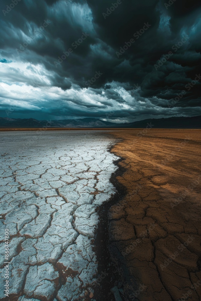 Poster a photo of a desert with a dark sky, ideal for use in travel or nature-themed projects
