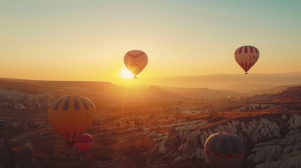 Aerial view of hot air balloons soaring above a serene valley, ideal for travel or adventure concepts