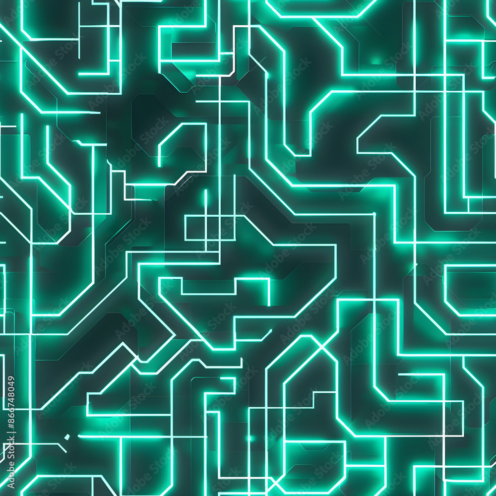 Poster seamless looping animation of a futuristic green neon light pattern glowing on a dark background
