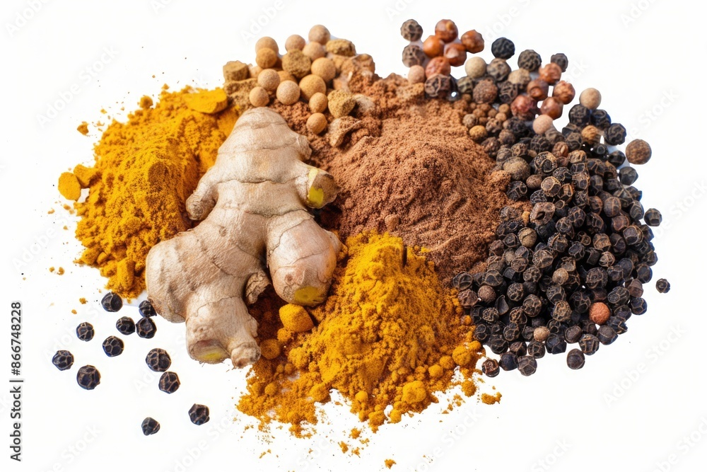 Poster A selection of spices and nuts arranged on a white surface, ideal for use in cooking or as a decorative display