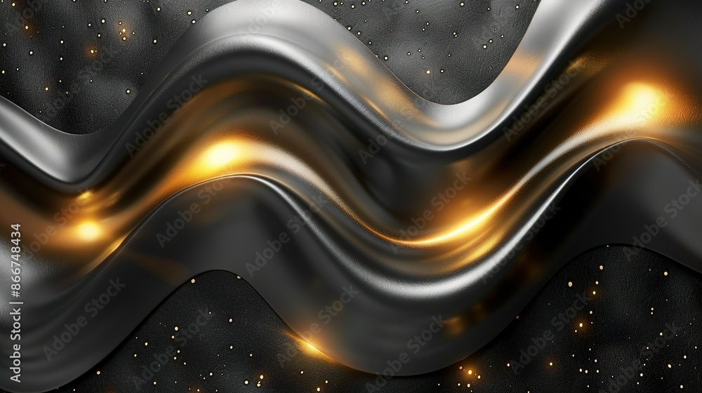 Poster a black and gold abstract background with a wavy pattern and gold dots below the image