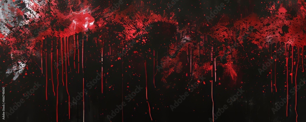 Poster red paint is splattering on a black background, creating an abstract and chaotic scene of dripping a
