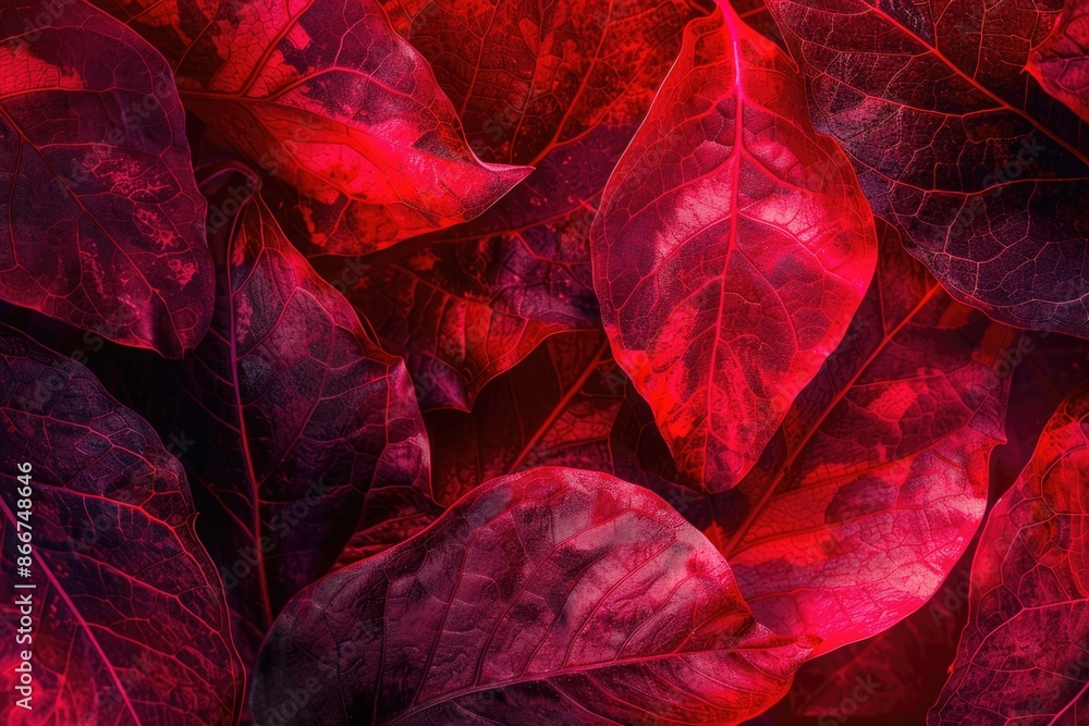 Poster a detailed view of a cluster of bright red leaves against a blurred background