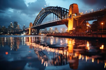 Obraz premium Sydney, Australia, the Sydney Bay bridge (Sydney Harbor Bridge), an iconic structure., generative IA