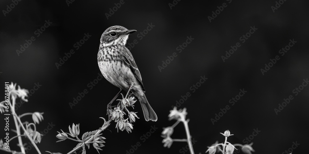 Poster a black and white photograph of a bird sitting on a tree branch, with a simple and natural environme
