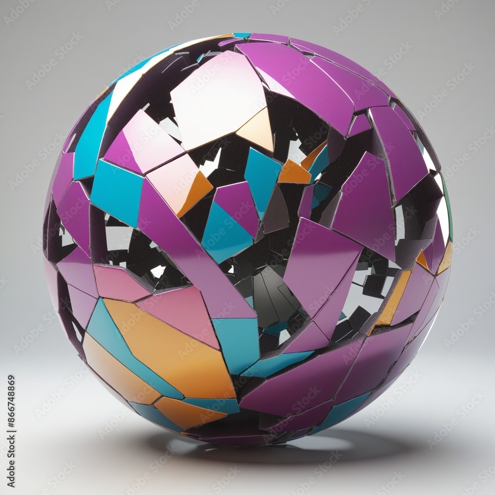 Poster abstract three-dimensional sphere design with fractured geometric structure and vibrant colors
