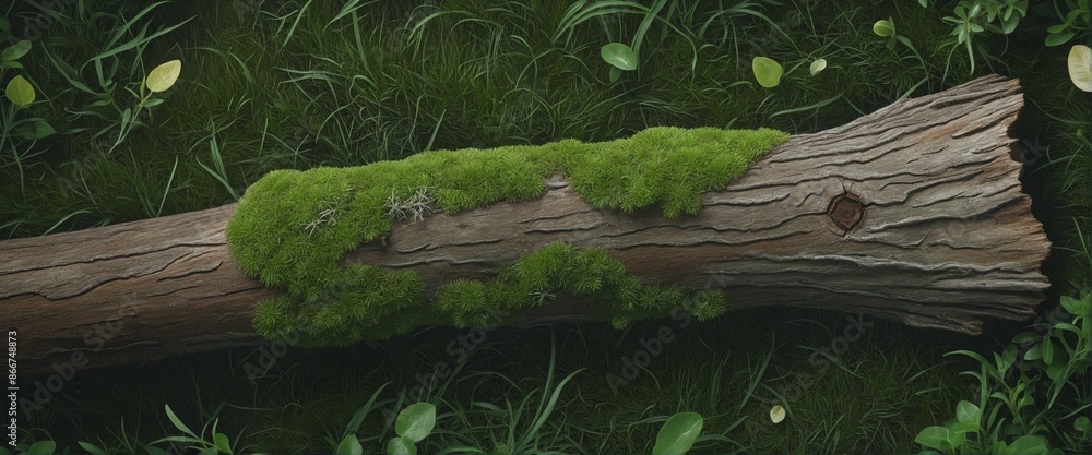 Poster top view of a lush botanical ecosystem with a moss-covered trunk