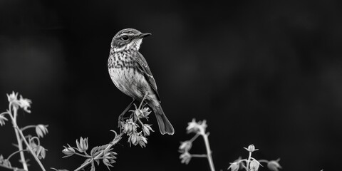 A black and white photograph of a bird sitting on a tree branch, with a simple and natural environment © Fotograf