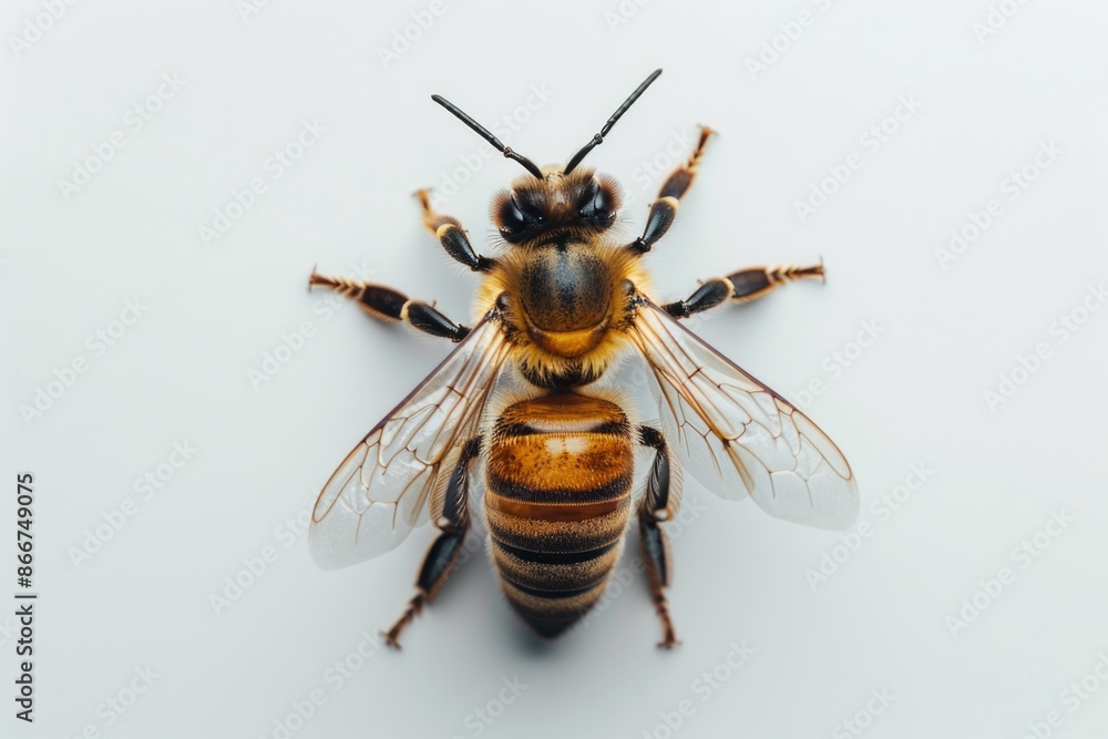 Poster a detailed shot of a single bee sitting on a white background, ideal for use in educational or scien