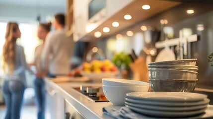 Fototapeta premium Modern kitchen interior with a stack of dishes and family conversing in the background.