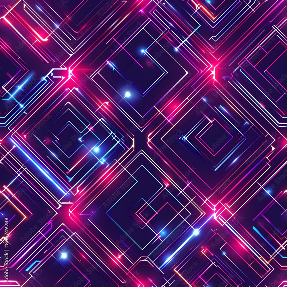 Poster futuristic technological pattern with glowing neon lines on a seamless background