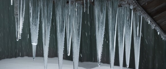 Icy icicles glistening in the cool winter air outside a snowy building