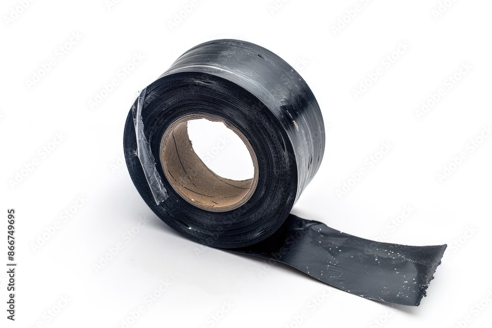 Poster a close-up shot of a roll of black tape stuck onto a white surface, ready for use